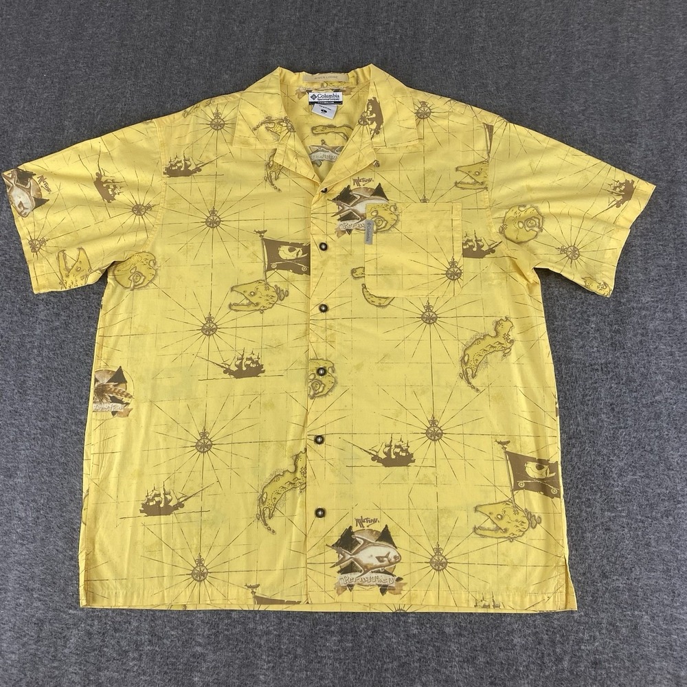 Columbia River Lodge PFG Fishing Shirt Mens L Yellow Pirate Map Cotton